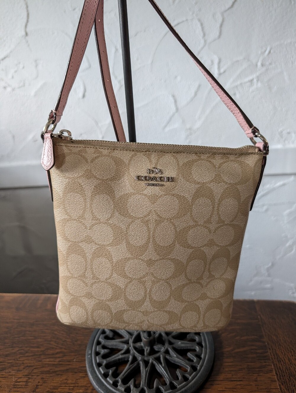 Coach Signature Coated Canvas Crossbody Handbag Khaki/Light Pink